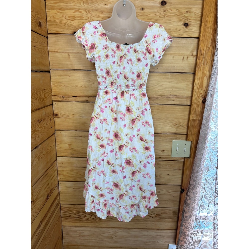 Floral High Low Romper Skort Dress Smocked Flutter Sleeve Pink Yellow Rose Print - Picture 9 of 13